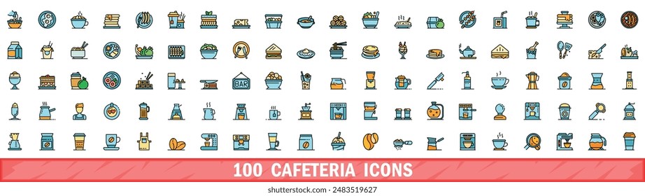 100 cafeteria icons set. Color line set of cafeteria vector icons thin line color flat on white