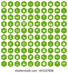 100 cake icons set in green hexagon isolated vector illustration