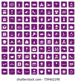 100 cake icons set in grunge style purple color isolated on white background vector illustration