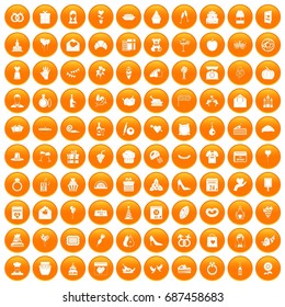 100 cake icons set in orange circle isolated vector illustration