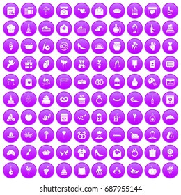 100 cake icons set in purple circle isolated vector illustration