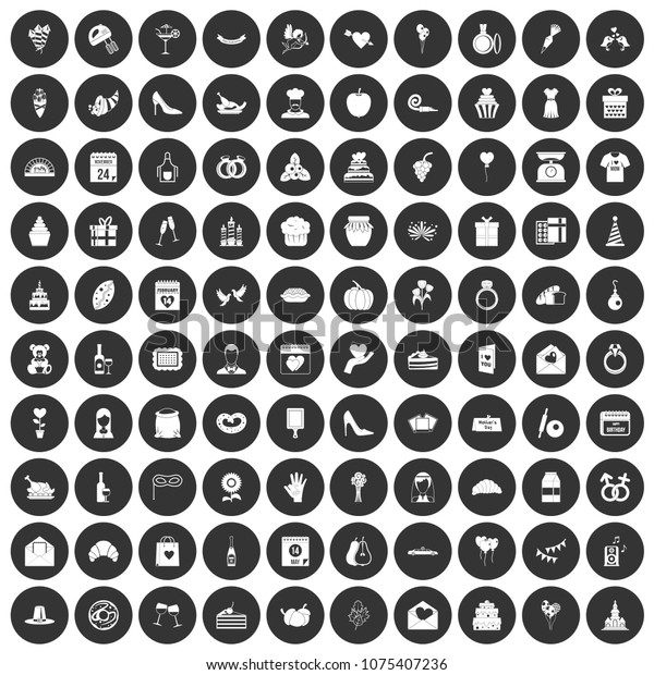 100 cake icons\
set in simple style white on black circle color isolated on white\
background vector\
illustration