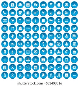 100 calendar icons set in blue circle isolated on white vector illustration