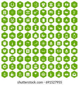 100 calendar icons set in green hexagon isolated vector illustration