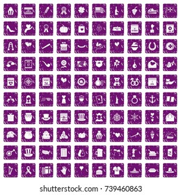 100 calendar icons set in grunge style purple color isolated on white background vector illustration