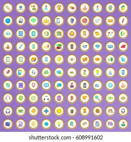 100 call center icons set in cartoon style on purple background vector illustration