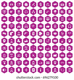100 call center icons set in violet hexagon isolated vector illustration