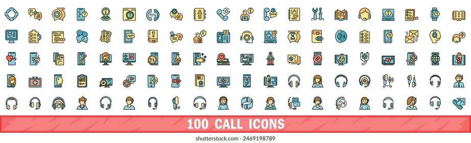 100 iconos de llamada establecidos. Conjunto de línea de color de iconos de vector de llamada línea fina de color plana en blanco