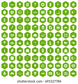 100 calories icons set in green hexagon isolated vector illustration