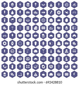 100 calories icons set in purple hexagon isolated vector illustration