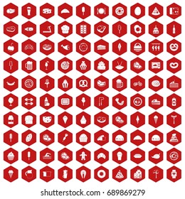 100 calories icons set in red hexagon isolated vector illustration