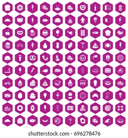 100 calories icons set in violet hexagon isolated vector illustration