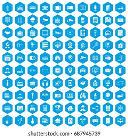100 camera icons set in blue hexagon isolated vector illustration