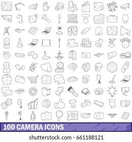 100 camera icons set in outline style for any design vector illustration