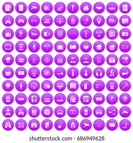 100 camera icons set in purple circle isolated on white vector illustration