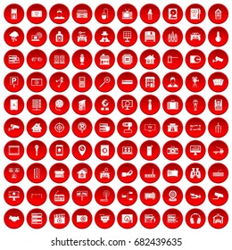 100 camera icons set in red circle isolated on white vector illustration
