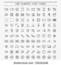 100 camera minimal line icons vector