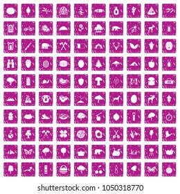 100 camping and nature icons set in grunge style pink color isolated on white background vector illustration
