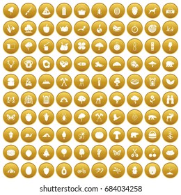 100 camping and nature icons set gold