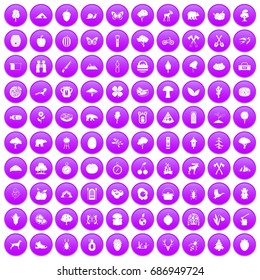 100 camping and nature icons set in purple circle isolated on white vector illustration