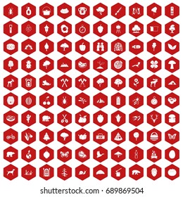 100 camping and nature icons set in red hexagon isolated vector illustration