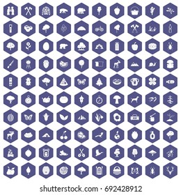100 camping and nature icons set in purple hexagon isolated vector illustration