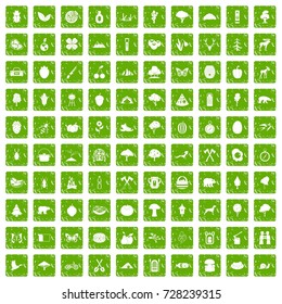 100 camping and nature icons set in grunge style green color isolated on white background vector illustration
