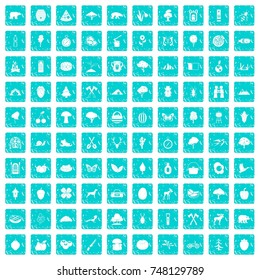 100 camping and nature icons set in grunge style blue color isolated on white background vector illustration