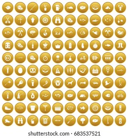 100 Camping, outdoor, BBQ icons set gold