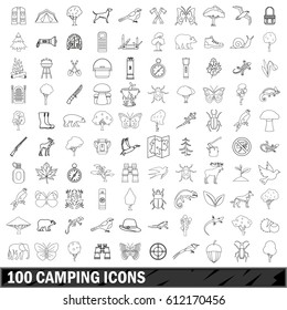 100 camping set in outline style for any design vector illustration