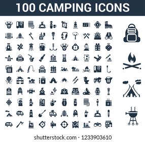 100 Camping universal icons set with Bbq, Tent, Fire, Backpack, Boot, Binoculars, Map, Compass, Tissue