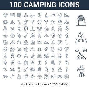 100 Camping universal linear icons set with Bbq, Tent, Fire, Backpack, Boot, Binoculars, Map, Compass, Tissue