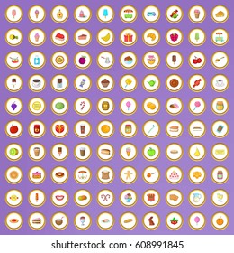 100 candy and dessert icons set in cartoon style on purple background vector illustration