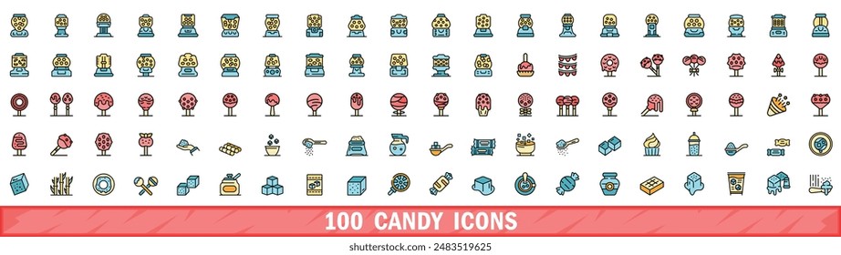 100 candy icons set. Color line set of candy vector icons thin line color flat on white