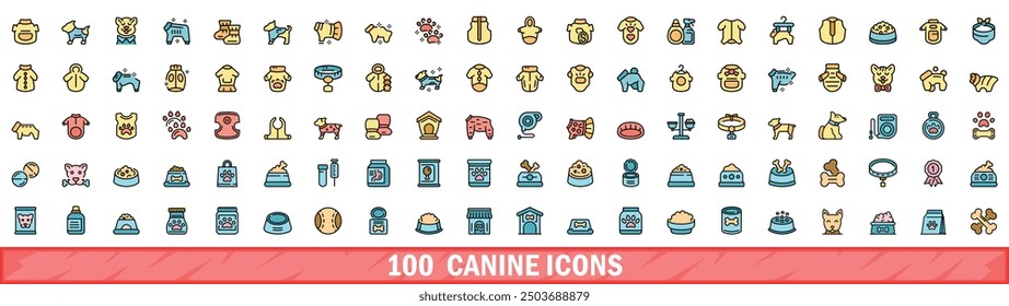 Conjunto de 100 iconos caninos. Conjunto de línea de color de iconos vectoriales caninos color de línea delgada plana sobre blanco