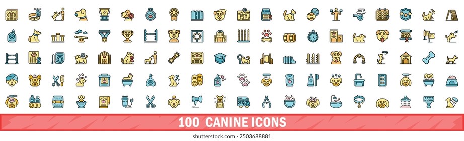 100 canine icons set. Color line set of canine vector icons thin line color flat on white