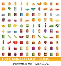 100 canned food icons set. Cartoon illustration of 100 canned food icons vector set isolated on white background