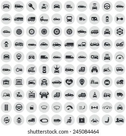 100 car icons, black on circle gray background 