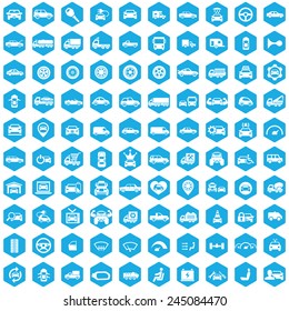 100 car icons, blue hexagon background 