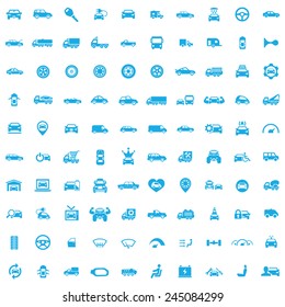 100 Automoicons, blau auf weißem Hintergrund 