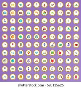 100 car icons set in cartoon style on purple background vector illustration