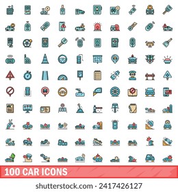 100 car icons set. Color line set of car vector icons thin line color flat on white