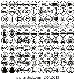 100 car and transport icons, black and white vector set.