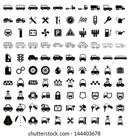 100 car and transport icons, black and white vector set.