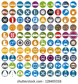 100 car and transport icons, color vector set.