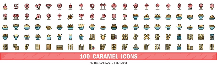 100 caramel icons set. Color line set of caramel vector icons thin line color flat on white