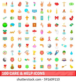 100 care and help icons set in cartoon style for any design vector illustration