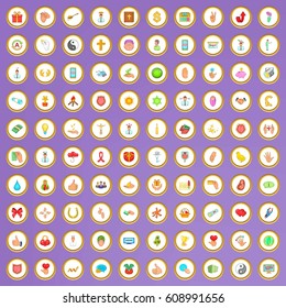 100 care and help icons set in cartoon style on purple background vector illustration