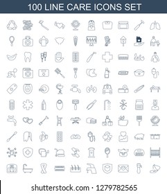 100 care icons. Trendy care icons white background. Included line icons such as liquid soap, electric razor, love, cargo insurance, tap, hair, comb. care icon for web and mobile.