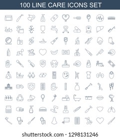 100 care icons. Trendy care icons white background. Included line icons such as gardening knife, heart, baby carriage, pill, nurse hat, nose, drop counter. care icon for web and mobile.